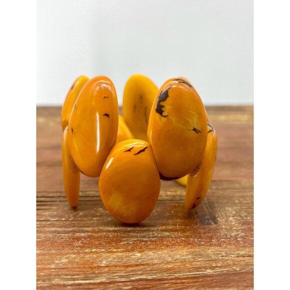 Tagua Nut Wide Cuff Bracelet Orange Almond Shape Handmade Ecuador - Picture 6 of 10